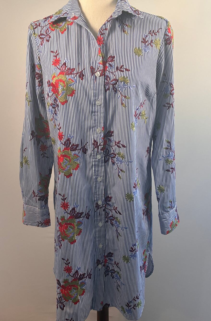 Finley Womens Size S Blue White Striped Floral Embroidered Shirt Dress